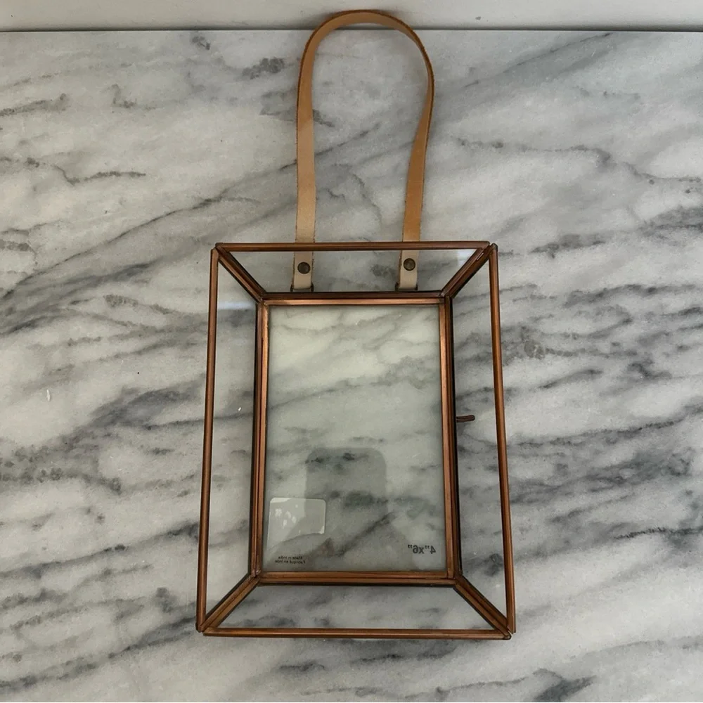 Anthropologie Townsend brass box style picture photo frame with leather string